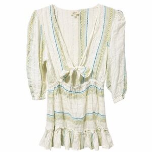 Elan Boho Peasant Mini Dress Gold Metallic Stripe Tie Front Ruffle Hem Large